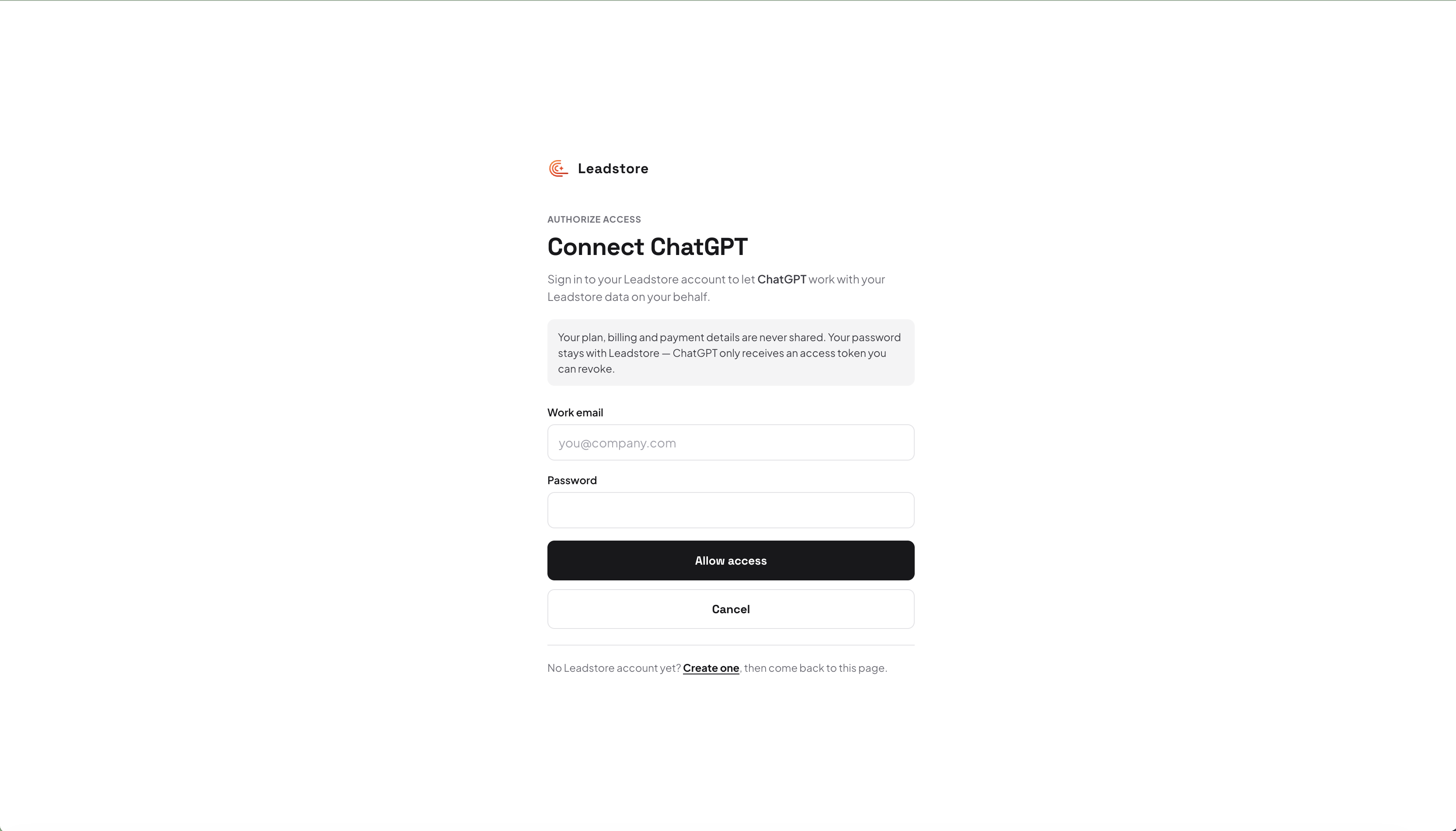 Leadstore's authorization screen during ChatGPT's OAuth flow, stating plan, billing and payment details are never shared