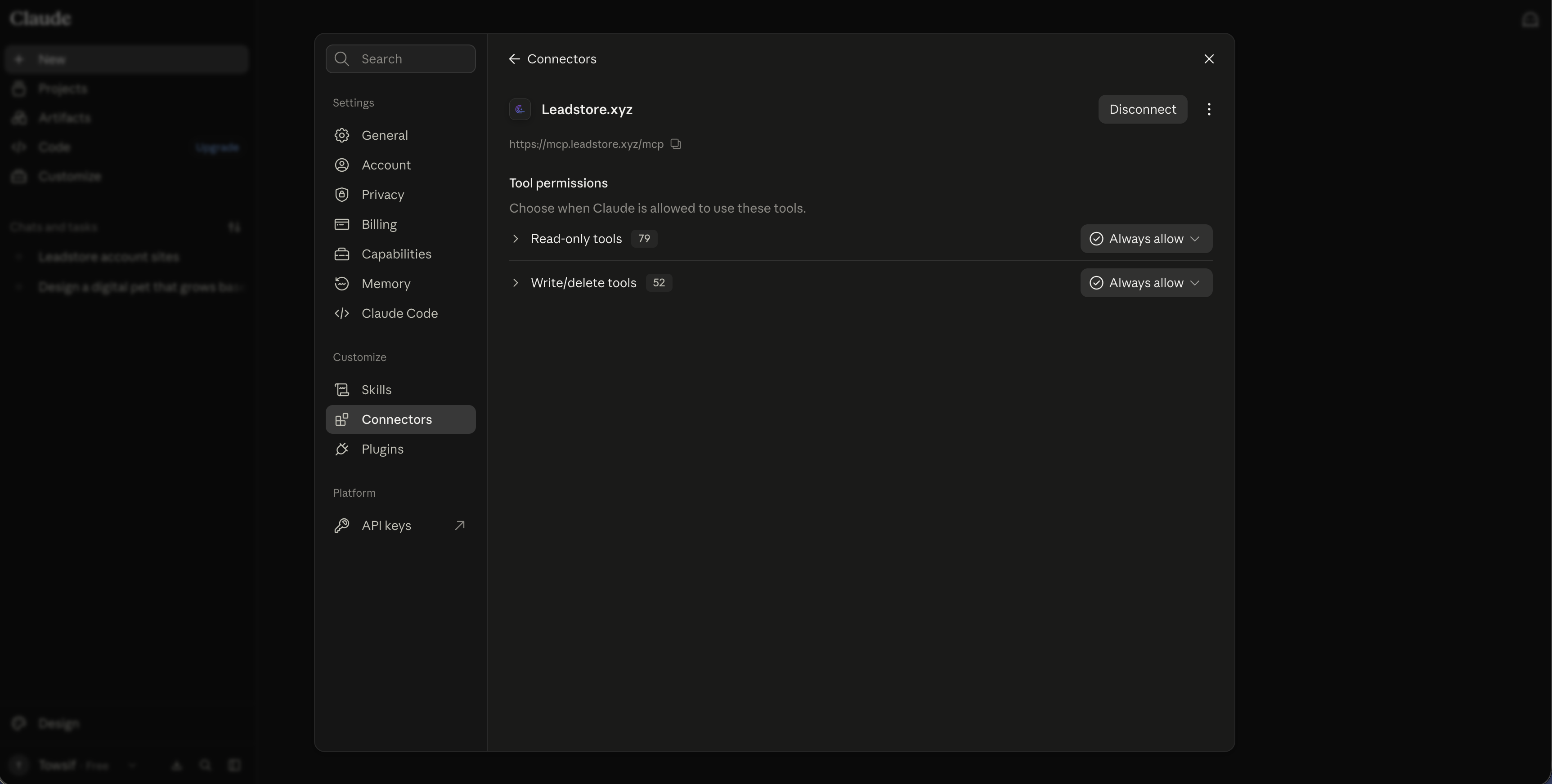 Claude's connector settings splitting tools into a Read-only group and a separate Write/delete group, each independently switchable