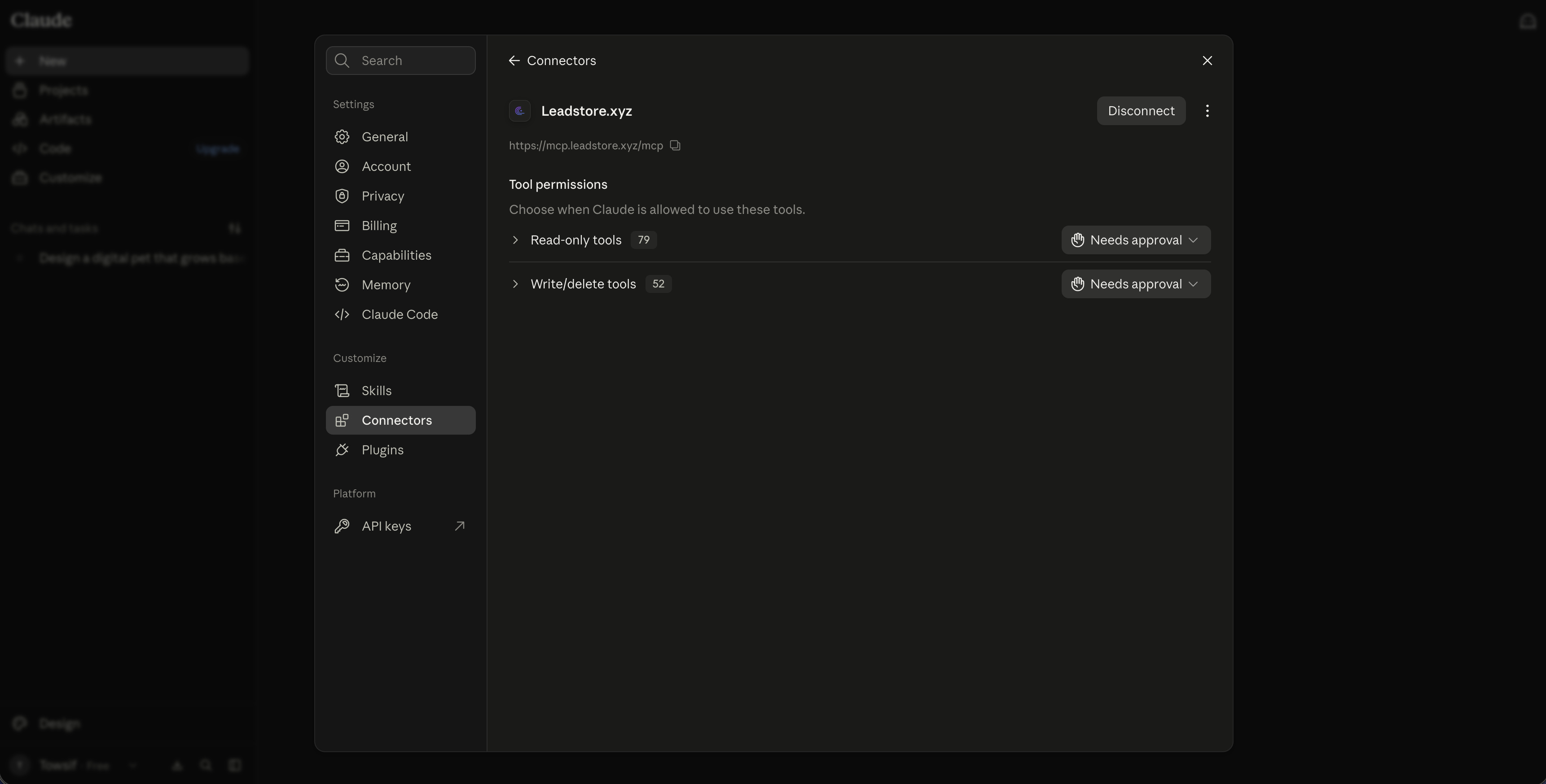 Leadstore.xyz shown as a connected connector in Claude's settings, with a Disconnect option always available
