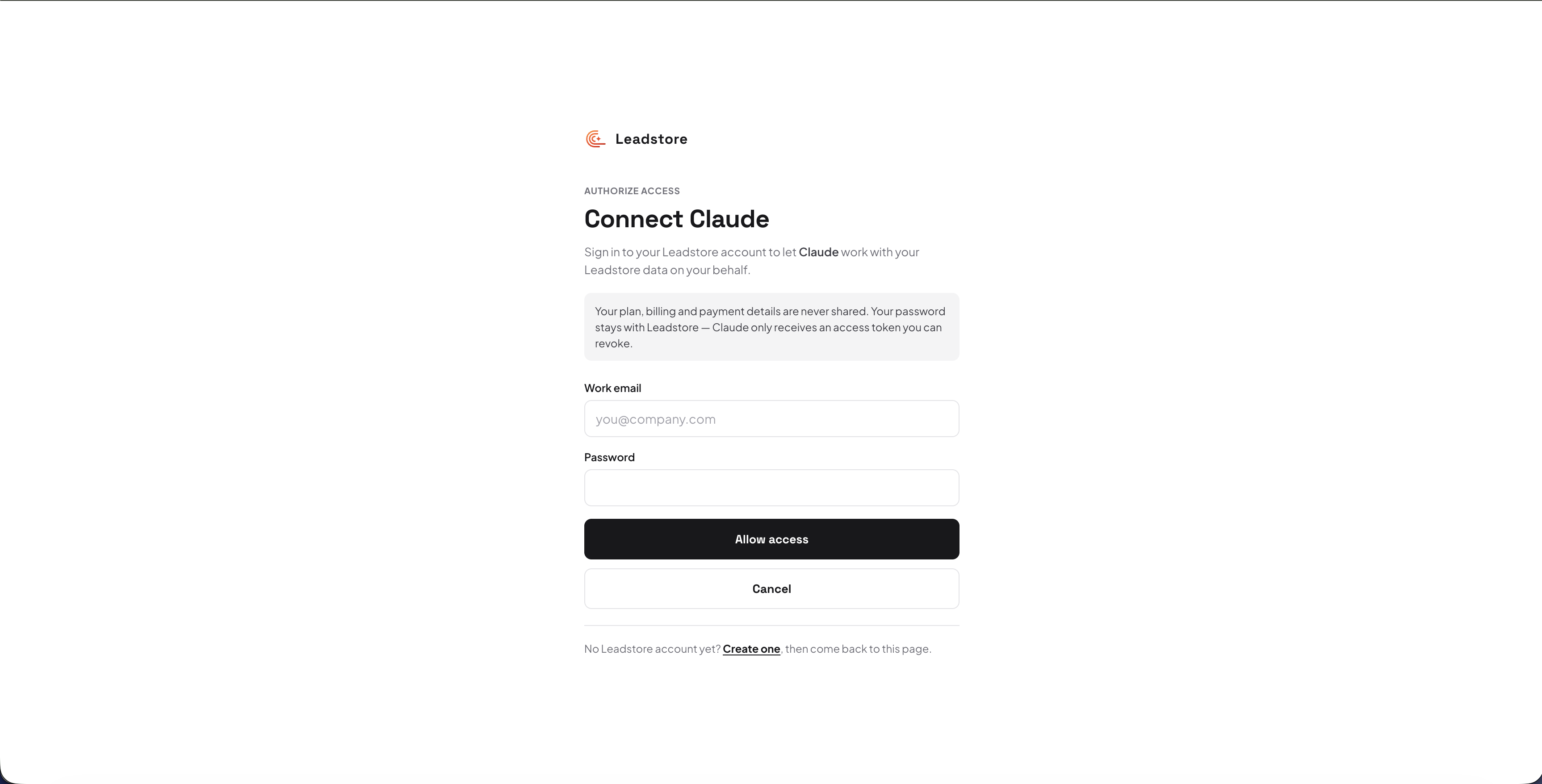 Leadstore's authorization screen during Claude's OAuth flow, stating plan, billing and payment details are never shared