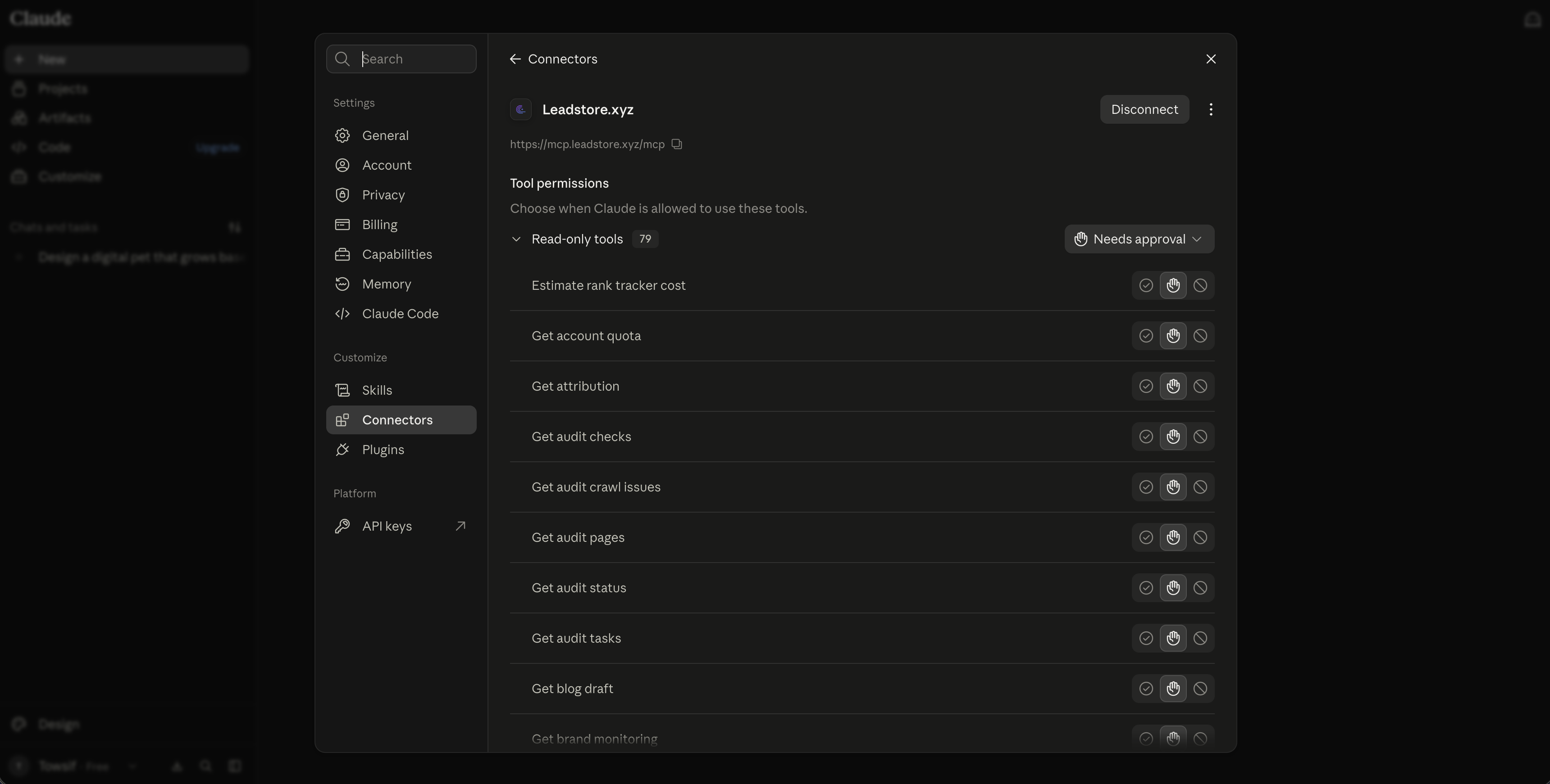 Claude's connector permissions screen listing individually named read-only tools, each with its own approval control